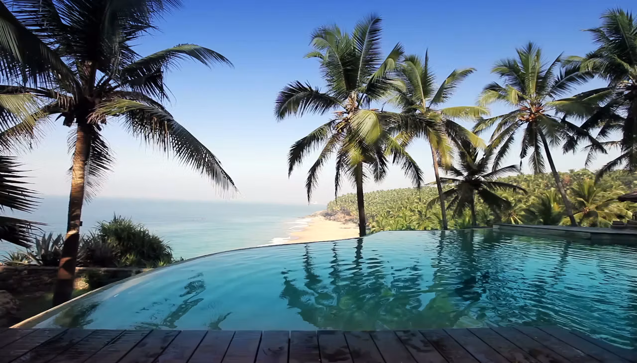 Infinity pool overlooking the ocean through palm trees