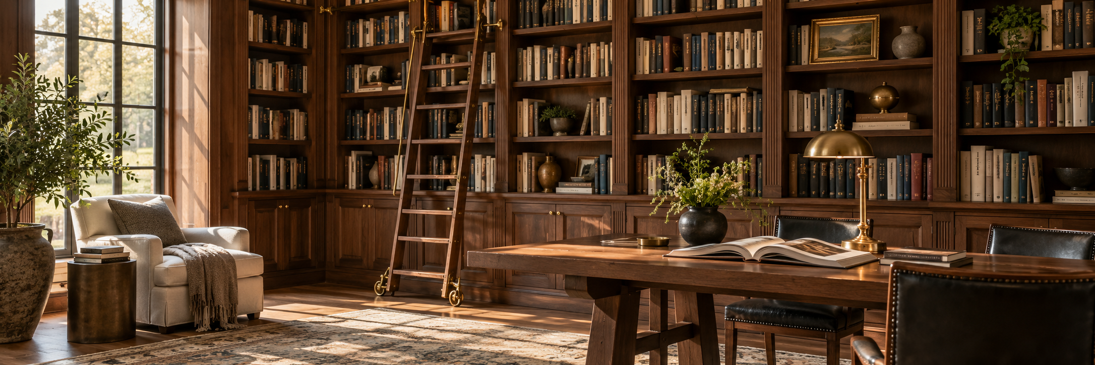 A sunlit library with bookshelves, a reading table and an open book